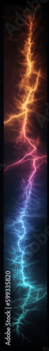 A beautiful illustration of a colorful lightning charge on a dark background. Colorful streams of energy of different colors that glow in the dark during a lightning flash. High quality Generative AI