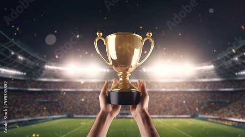 Two hands holding up a golden big trophy as a symbol for the winner or the leader of the game or the tournament. Generative AI.
