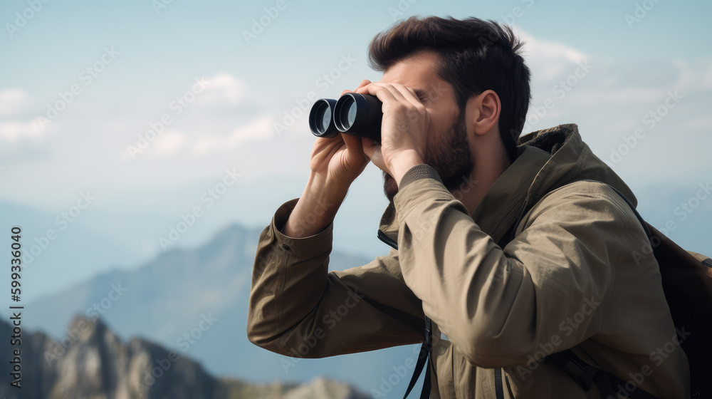 Men looking into a binocular outdoor. Generative AI.