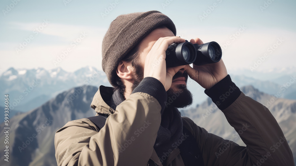 Outdoor men using a binocular to look into the nature. Generative AI. Outdoor men using a binocular to look into the nature. Generative AI.