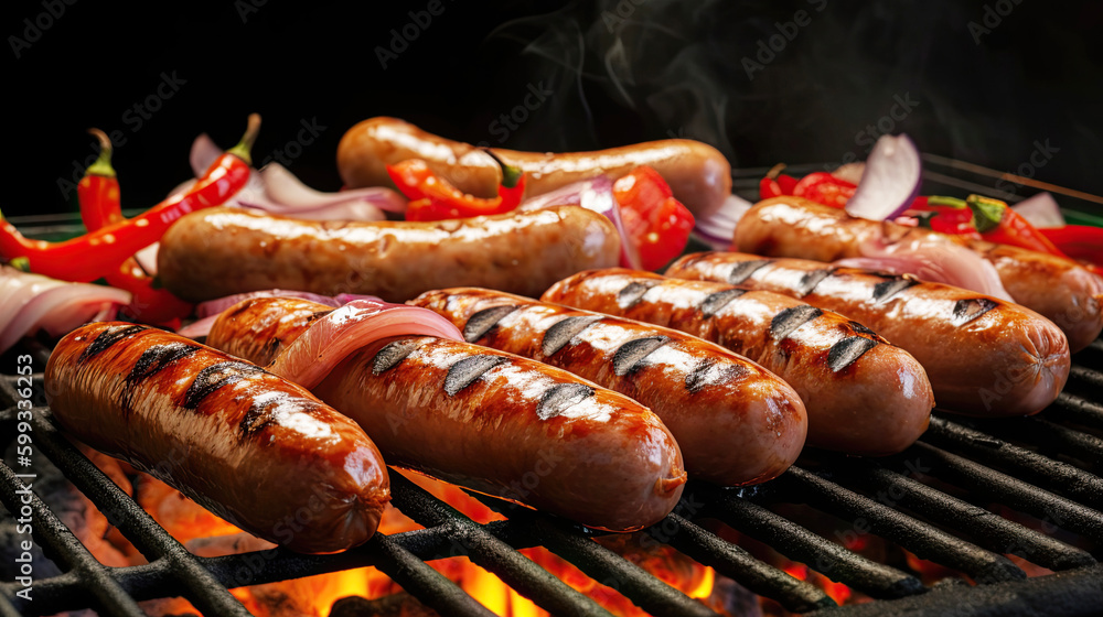 Grilled sausages and vegetables on a flaming BBQ grill. A delicious food poster for summer dining. Generative ai