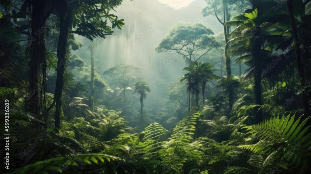 Hintergrund mit dichtem tropischen Regenwald und nebeliger Atmosphäre, Generative AI