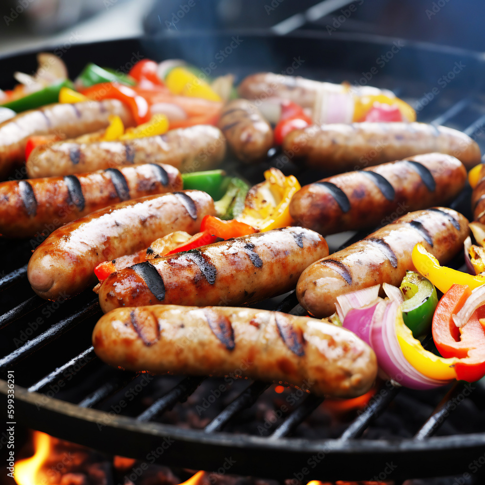 Grilled sausages and vegetables on a flaming BBQ grill. A delicious food poster for summer dining. Generative ai Grilled sausages and vegetables on a flaming BBQ grill. A delicious food poster for summer dining. Generative ai