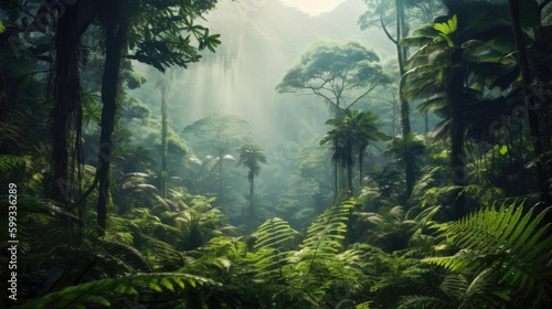 Hintergrund mit dichtem tropischen Regenwald und nebeliger Atmosphäre, Generative AI © Jennifer