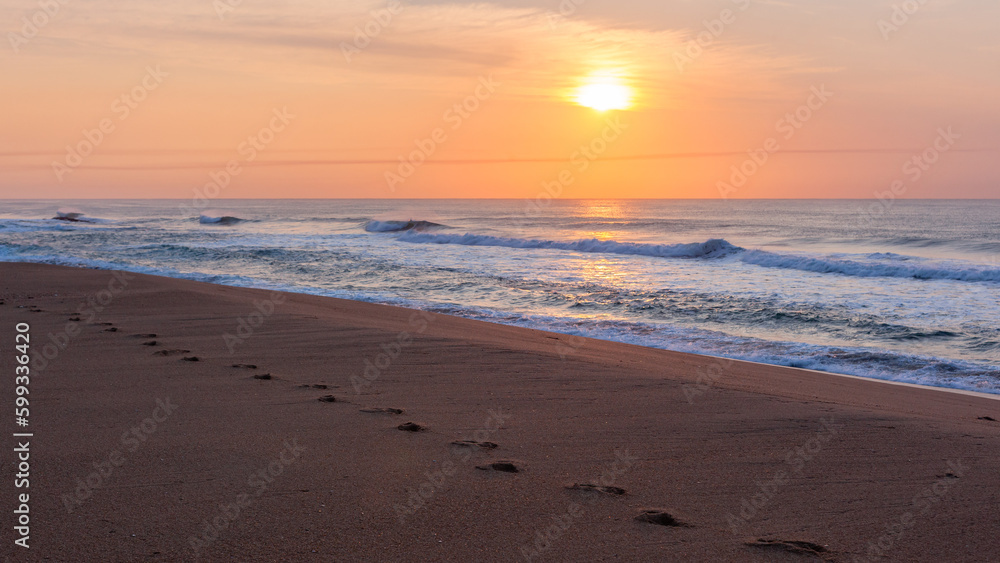 Beach Sand Footprints Shoreline Ocean Sea Waves Horizon Sunrise Haze Landscape