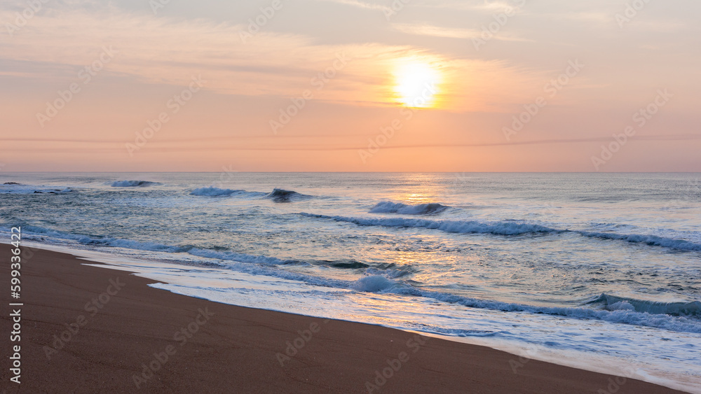 Beach Sands Shoreline Ocean Wave Wash Horizon Sunrise Haze Landscape.