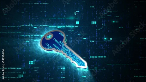 3D blue key glowing shining with blue binary code encryption data, Privacy security protection network encode decode online access concept