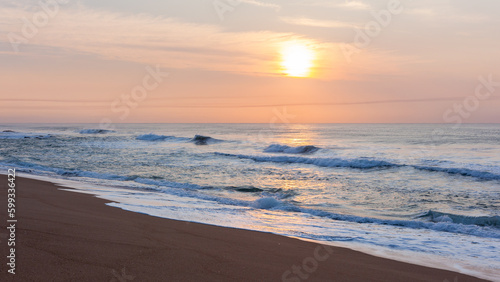 Beach Sands Shoreline Ocean Wave Wash Horizon Sunrise Haze Landscape. © ChrisVanLennepPhoto
