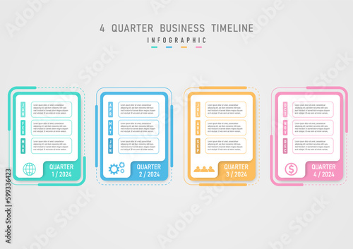 4 Quarter Infographic Business Planning Timeline for Growth multicolored pastel squares month abbreviation letter icon on white background Frames and letters with outlines gray gradient background.