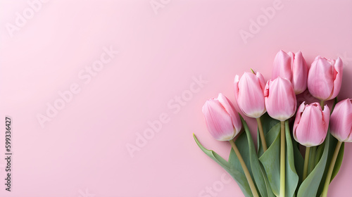 Spring flower composition featuring a bouquet of pink tulips on a pastel pink background.