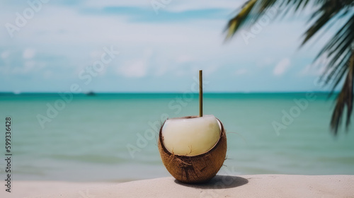 Single opened coconut fruit with a drinking straw inside at standing in the sand at the beach in front of the blue water of the ocean. Generative AI.