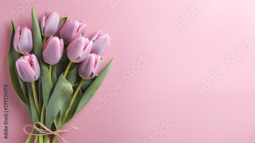 Spring flower composition featuring a bouquet of pink tulips on a pastel pink background. © James