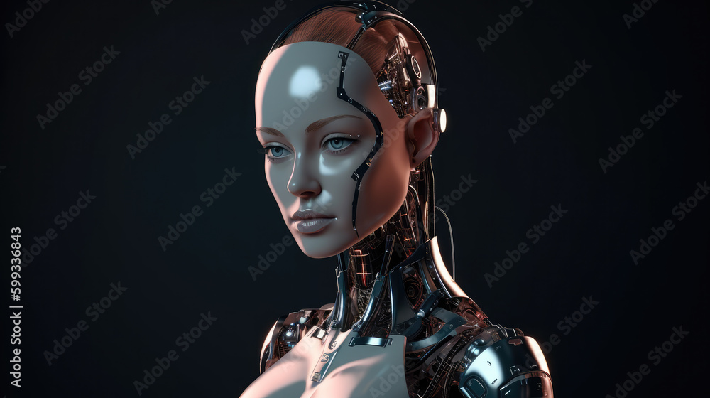 Portrait of a female cyborg as a robot in front of black background. Generative AI.