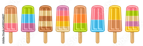 Vector set of Fruit Popsicle, lot collection of 8 cut out illustrations sweet fruit ice creams, banner with group of different fruity popsicles for kids with wood stick in a row on white background
