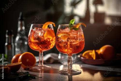Close up of two nicely decorated cocktail glasses filled with a bitter orange liquor Spritz drink