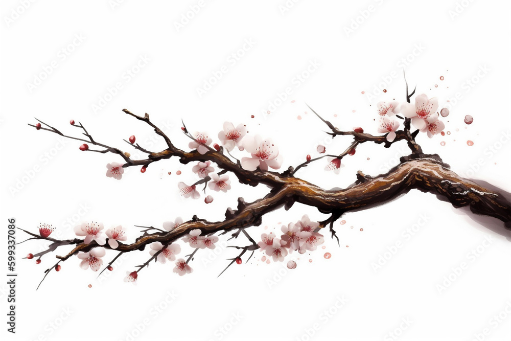 Generative AI painting.of Sakura flowers on white background. Generative AI painting.of Sakura flowers on white background.