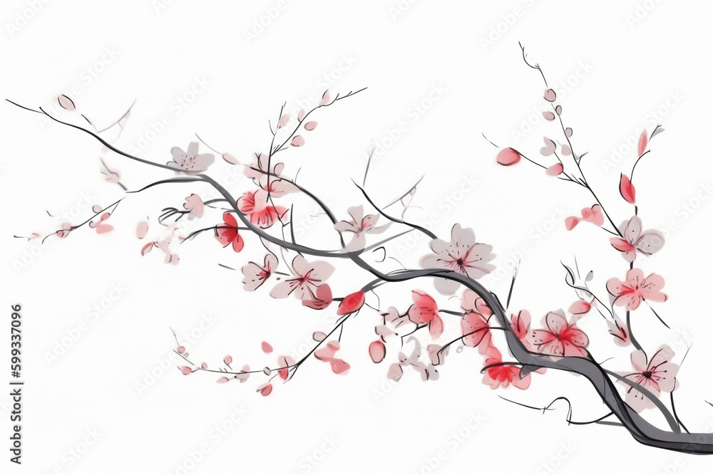 Generative AI painting.of Sakura flowers on white background.