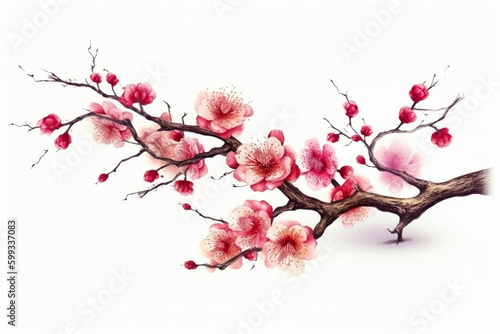 Generative AI painting.of Sakura flowers on white background.