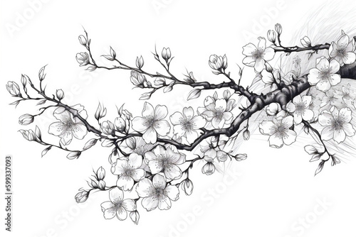 Generative AI painting of Sakura flowers on white background. Black and white 