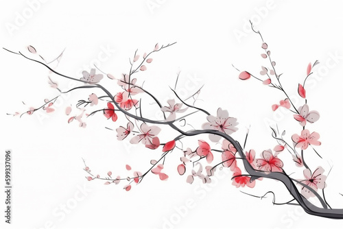 Generative AI painting.of Sakura flowers on white background.