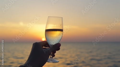 Glass filled up with champagne or secco in the hand of a woman in front of the sundowner over the ocean. Generative AI.