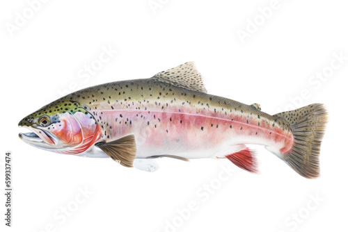 an isolated RanibouwTrout, river rocks, outdoor sport, fly fishing, lure fishing, fishing-themed, river stones, photorealistic illustration on a transparent background cutout in PNG. Generative AI
