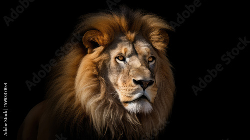 Portrait of a male lion in front of a black background. Generative AI.