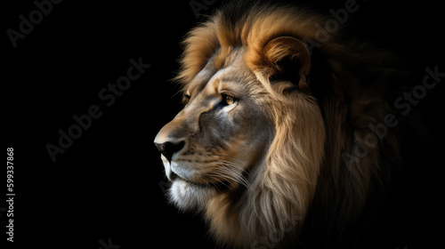 Portrait shot of an adult male lion as a symbol for a leader. Generative AI.