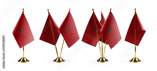 Small national flags of the Morocco on a white background