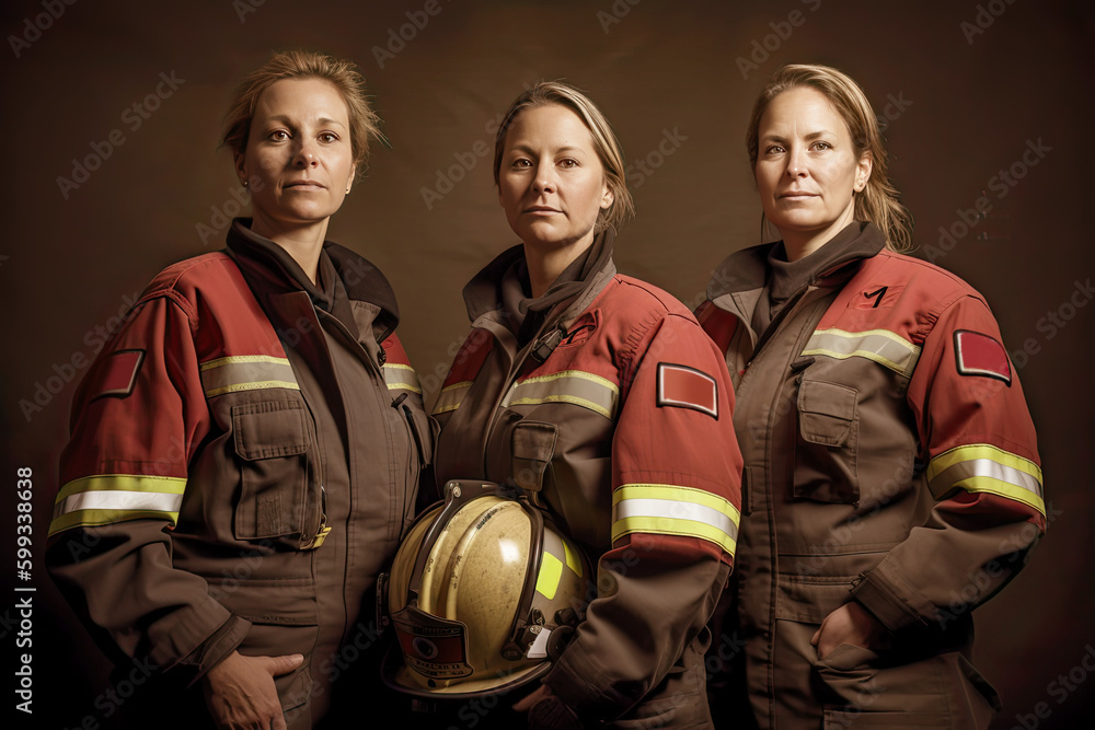 Portrait of tired strong women firefighters in a fireman's helmets. Fireman's Day. Generated Ai Portrait of tired strong women firefighters in a fireman's helmets. Fireman's Day. Generated Ai