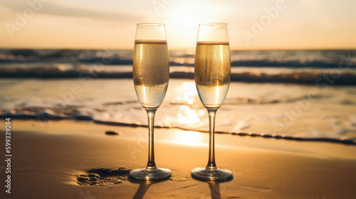 Pair of bubbly glasses filled up with secco standing in the sand of the beach at the ocean. Generative AI.