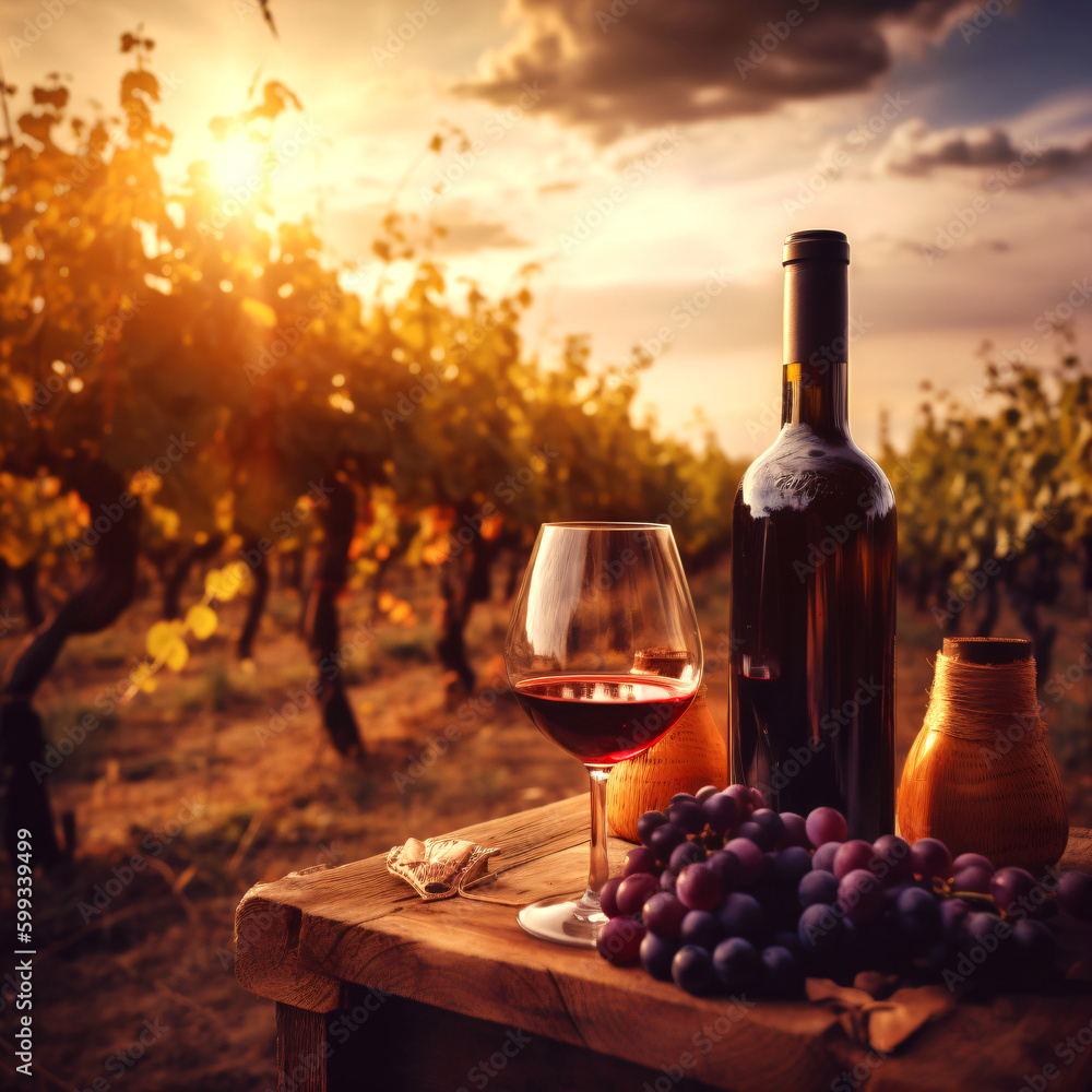glass and wine bottle, grape plantation background, generative ai