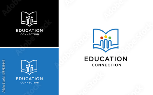 education connection team logo design with book and people vector concept