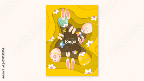Happy Easter Cartoon Poster. Easter Poster with rabbit ears, colorful eggs, flowers and garlands.