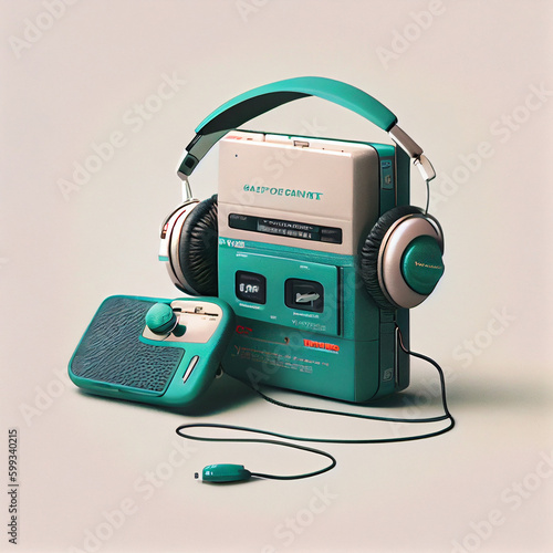 Headphones connected to the player and the radio, in the style of the 90s, turquoise and blue colors . vintage music, aquamarine. - Generative AI 