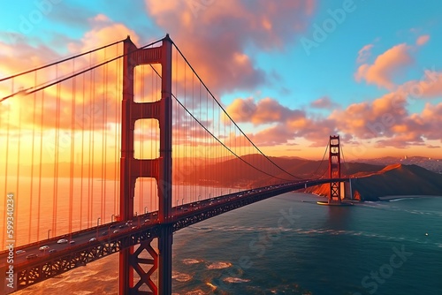 Golden Gate Bridge at Sunrise, San Francisco Landmark, Iconic Architecture, Golden Hour Beauty, Generative AI