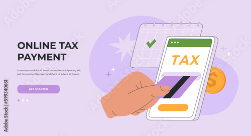 Online tax payment concept. Pay by credit card using phone. Calendar reminder for tax filing deadline. Landing page template. Vector illustration, isolated on purple background, flat cartoon style.