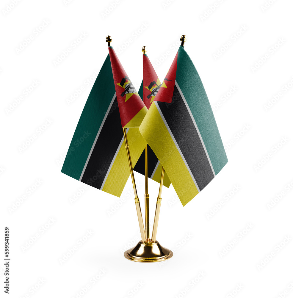 Small national flags of the Mozambique on a white background