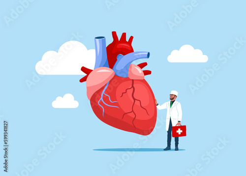 The physician, specialist holds a big sign - Human Heart. Human heart anatomy. Organs symbol. Medicine Design Background. Flat vector illustration.