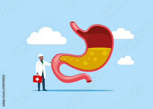 The physician, specialist holds a big sign - Human stomach full of gastric acid, cut view. Gastroesophageal reflux disease. Vector illustration. 