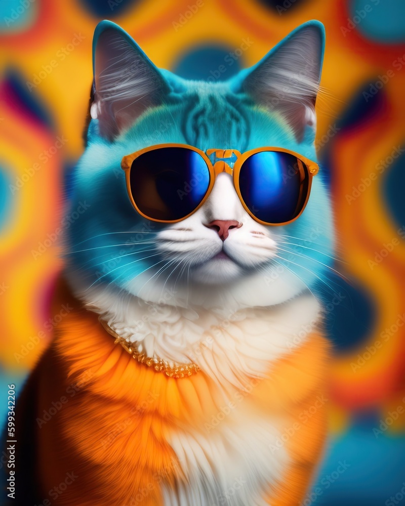 Multicolored colorful fantasy cute cat in sunglasses. AI generated.