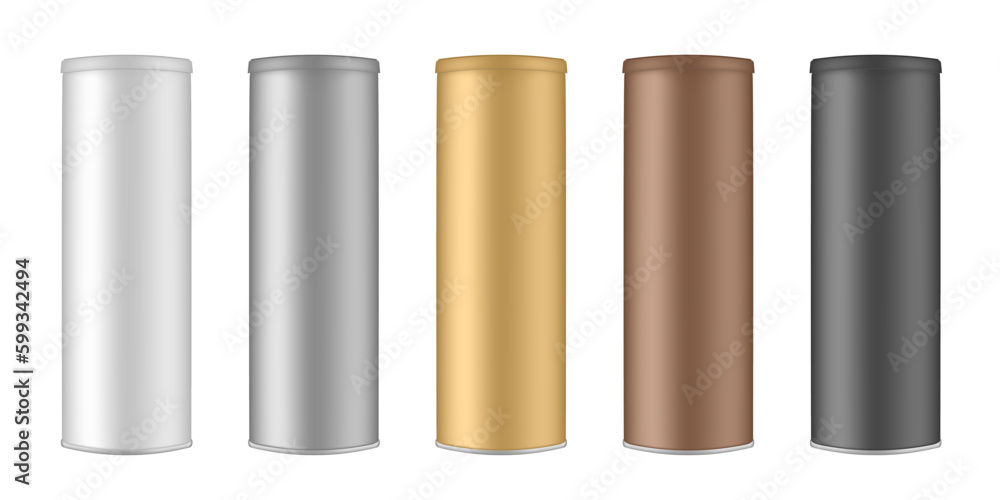 Set of chips tubes. Packaging mockup. White, silver, gold, brown and black containers. Cardboard box with plastic lid. Tall tin canisters Set of chips tubes. Packaging mockup. White, silver, gold, brown and black containers. Cardboard box with plastic lid. Tall tin canisters