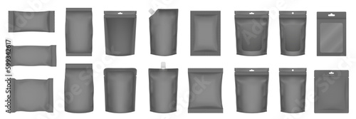 Set of realistic pouch mockups. Black flow pack, sachet, zip bag and doypack. Ice cream wrapper. Sheet mask sachet. Soap or wet wipes packaging.