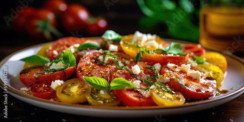 tomato salad, with juicy red, yellow, and green tomatoes sliced into wedges, garnished with fresh basil leaves and crumbled feta cheese, favorite summer meals, Generative AI