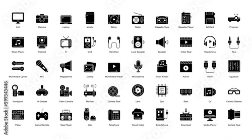 Multimedia Glyph Icons Camera Movie Music Glyph Icons in Black