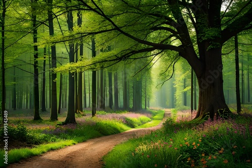 Capture a forest in springtime. The trees should be fresh  green  blooming  cheerful  and lively. Morning time.