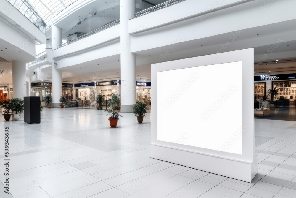 Pristine Blank Mockup Signboard in a Bustling Public Shopping Center Pristine Blank Mockup Signboard in a Bustling Public Shopping Center