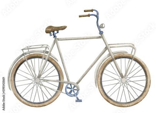 Road Bicycle. Watercolor hand drawn illustration of urban retro classic Bike on isolated white background. drawing of city vintage cute transport with cycle wheels in pastel beige colors for cards.