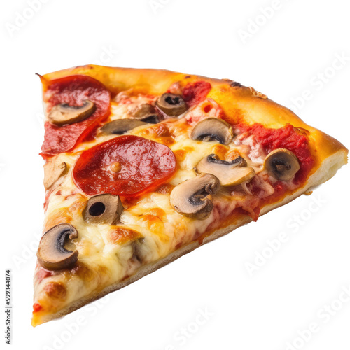 an isolated Pepperoni Pizza with olives and mushrooms, Delicious, mouthwatering, Food-themed, photorealistic illustrations on a transparent background cutout in PNG. Generative AI