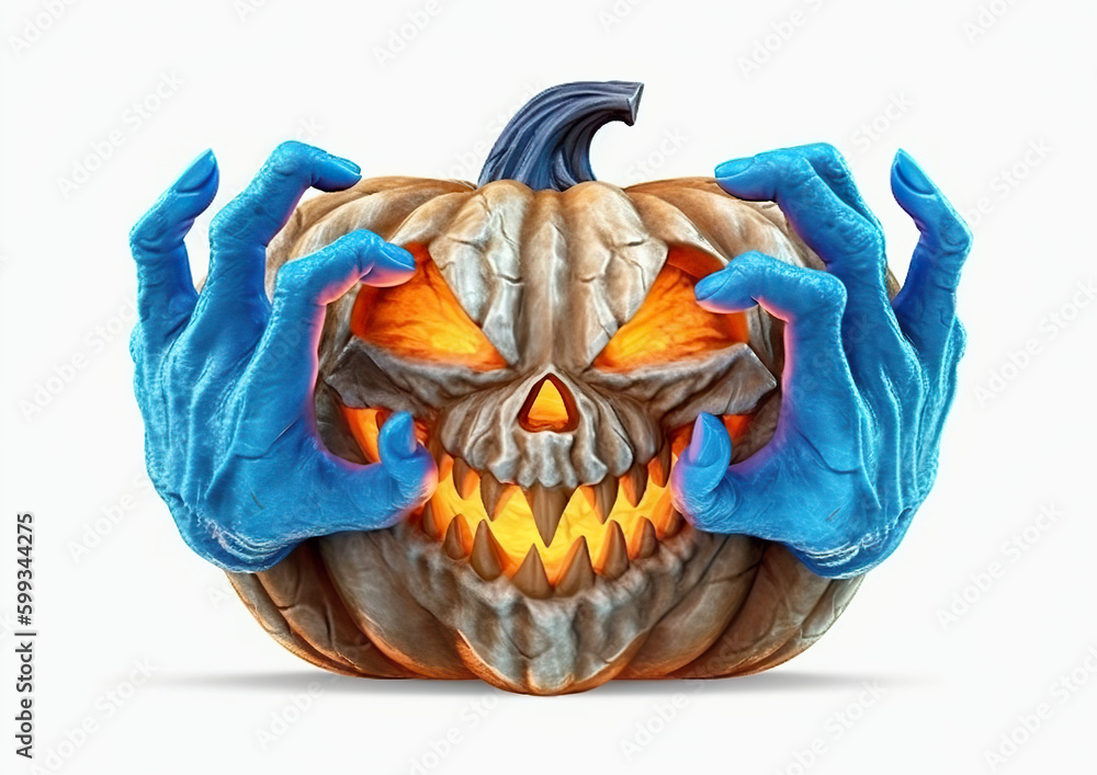 Between blue zombie hands is a carved pumpkin with a creepy face that ...